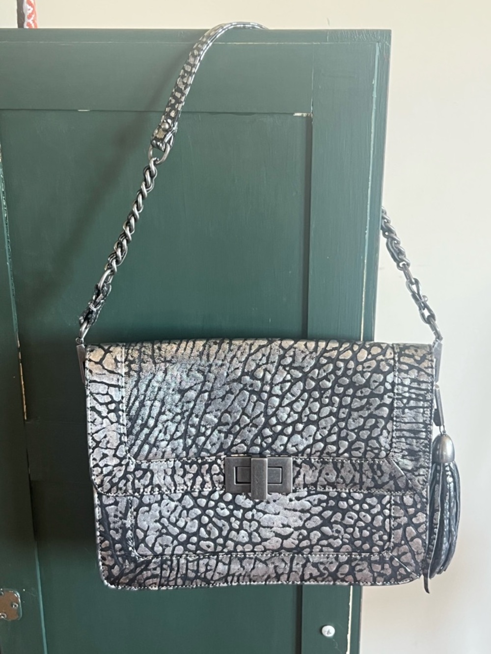 Rebecca Minkoff Silver Metallic Animal Textured Chain Shoulder Bag
